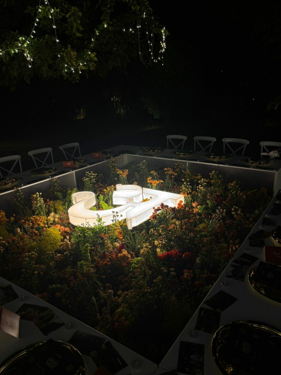 Night reveal — illuminated script piece amid flowers