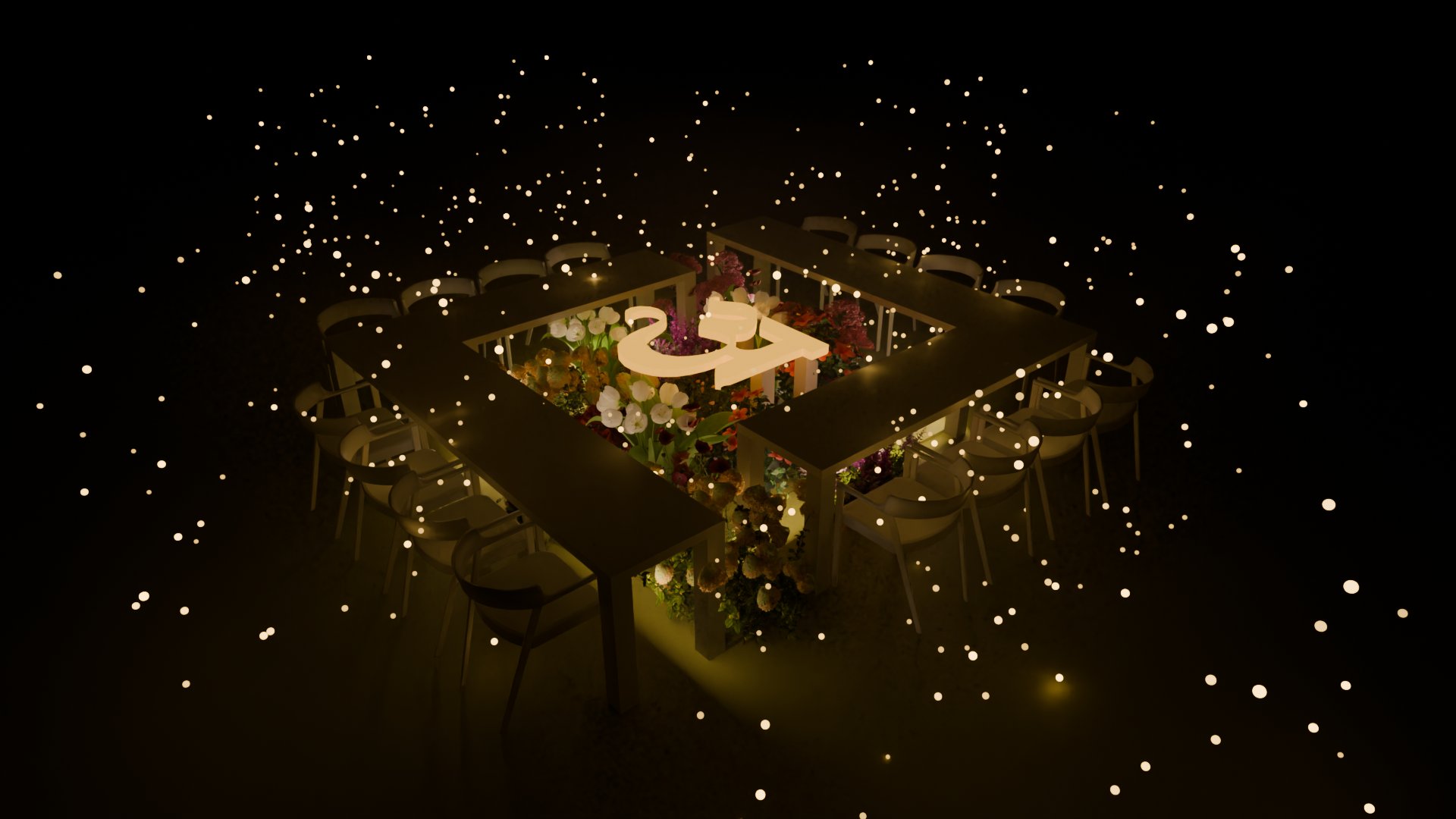 Stylized 3D rendition of the event space — illuminated dining setup amid floating light particles